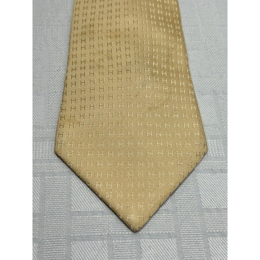 HERMES Men Neck Tie Gold Beige Yellow Initial H All Over Print 100% Silk Vtg. - Picture 2 of 16